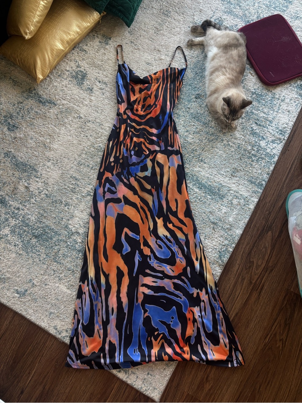 Sleeveless Multicolor Abstract Print Slip Dress - Blue & Orange